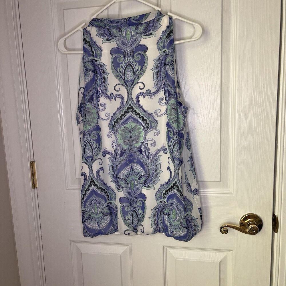 Liz Claiborne Blue Paisley Sleeveless Blouse High Neck Tie - Size Medium - Picture 5 of 9